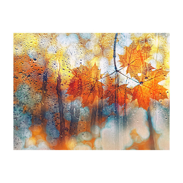 Schilderij Herfstbladeren achter regenachtig glas
