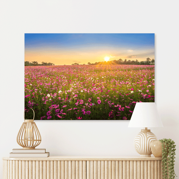 Schilderij Betoverende Bloemenveld bij Zonsondergang